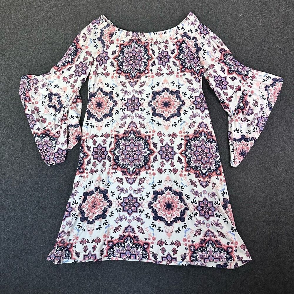 Peasant Floral Bell Sleeve Dress Womens Medium Purple Cottagecore Hippie Boho